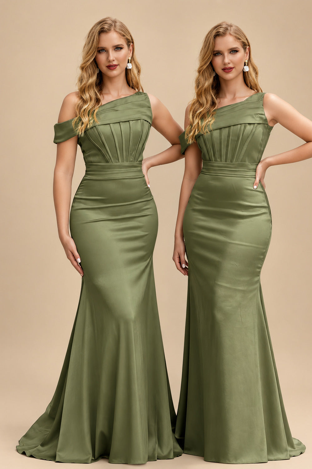 Rutipo Olive Green Asymmetrical Sleeveless Sweep Train Satin Bridesmaid Dresses