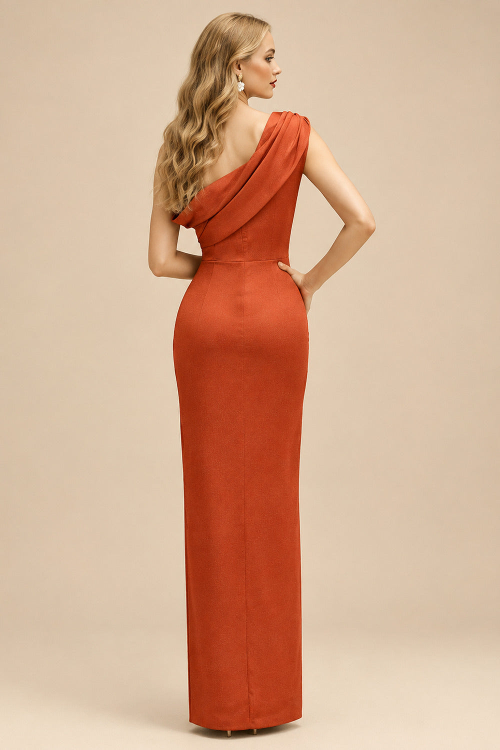 Rutipo Burnt Orange Sheath/Column Asymmetrical Sleeveless Floor-Length Bridesmaid Dresses