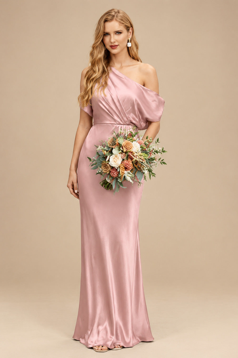 Rutipo Dusty Rose Sheath/Column Asymmetrical Sleeveless Floor-Length Bridesmaid Dresses