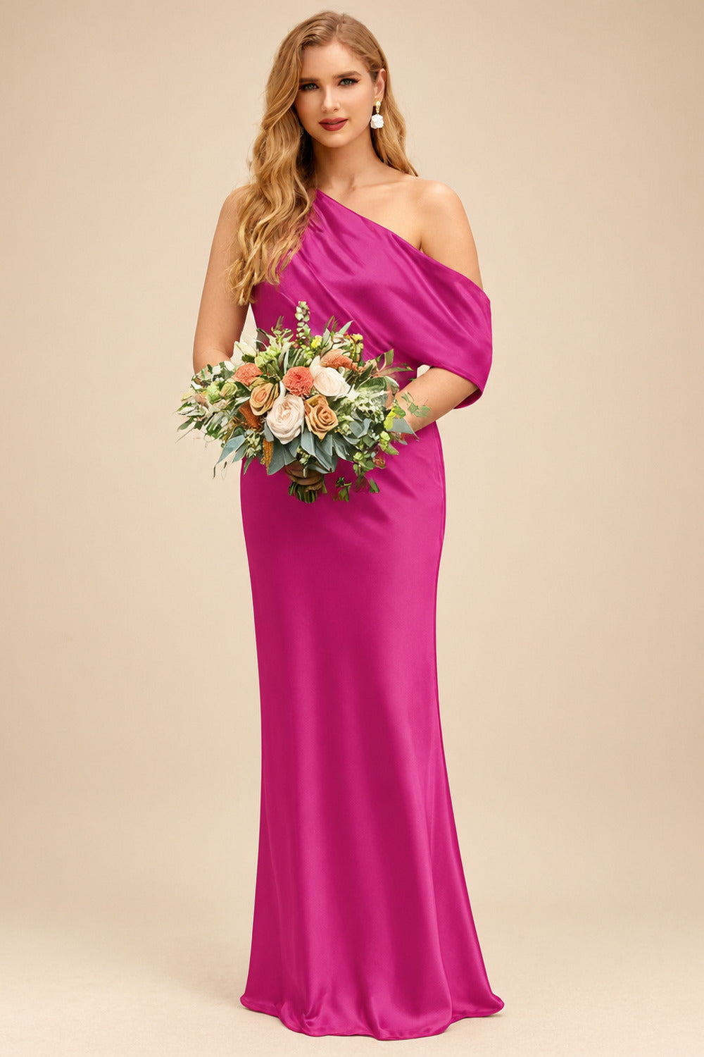 Rutipo Fuchsia Sheath/Column Asymmetrical Sleeveless Floor-Length Bridesmaid Dresses