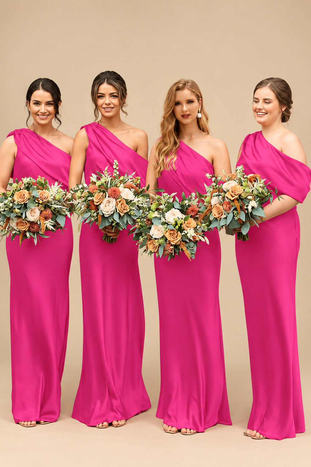 Rutipo Hot Pink Sheath/Column Asymmetrical Sleeveless Floor-Length Bridesmaid Dresses