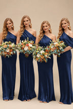 Rutipo Navy Blue Sheath/Column Asymmetrical Sleeveless Floor-Length Bridesmaid Dresses