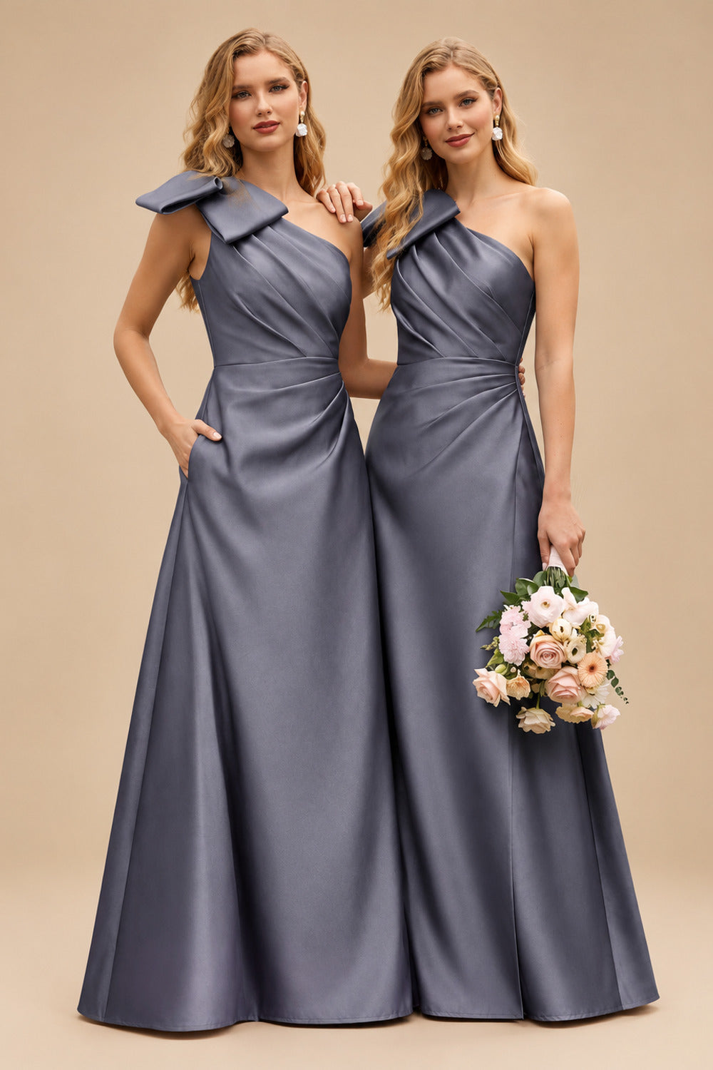 Rutipo Stormy A-Line One-Shoulder Sleeveless Satin Bridesmaid Dresses With Bow(s)/Pockets