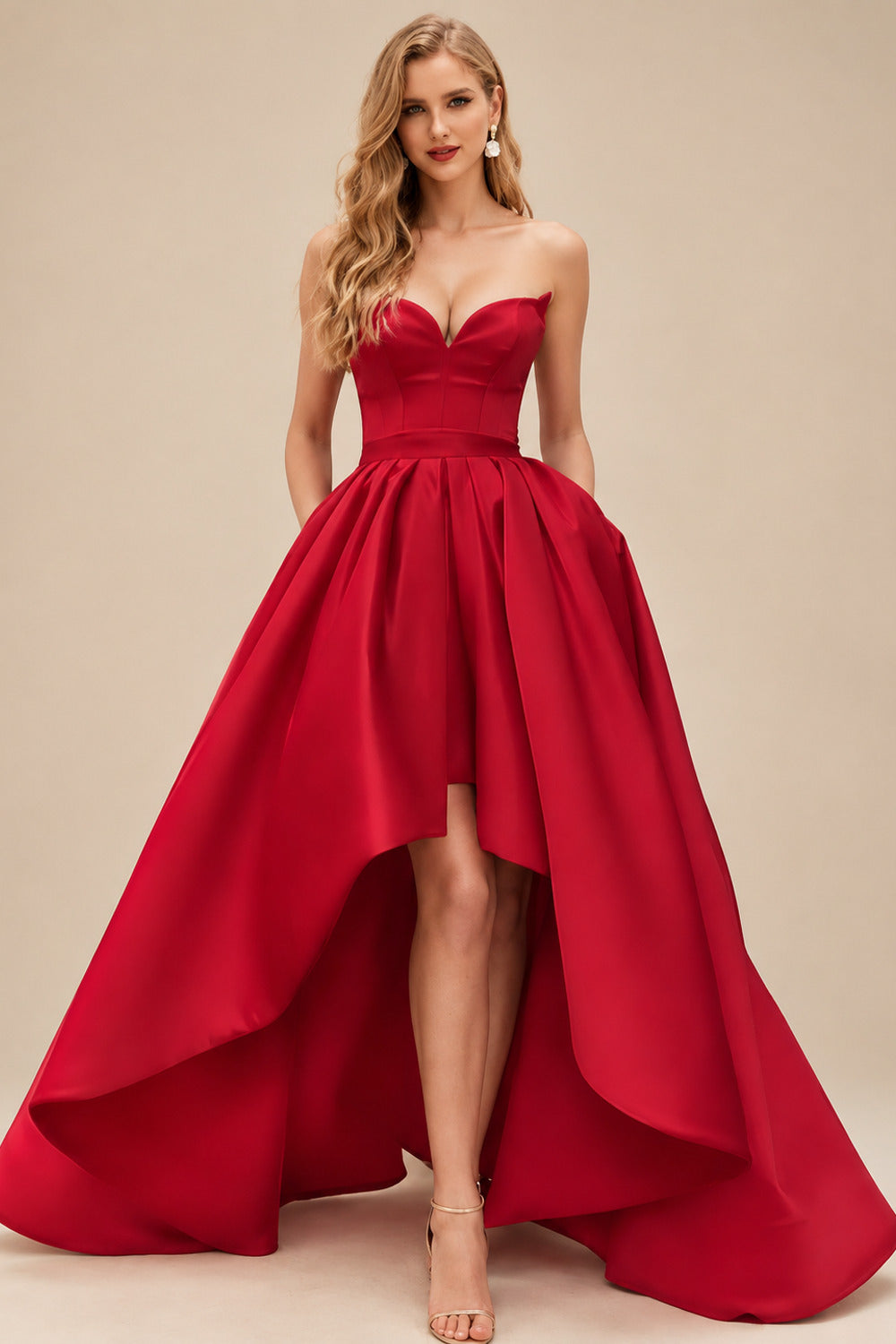 Rutipo Red Ball-Gown/Princess Sleeveless Strapless Satin Asymmetrical Bridesmaid Dresses