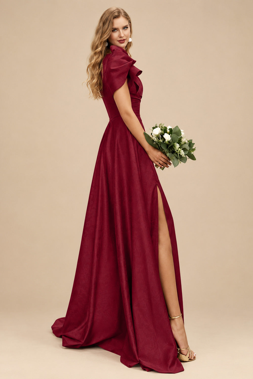 Rutipo Burgundy A-Line One-Shoulder Short Sleeves Sweep Train Satin Bridesmaid Dresses With Ruffle