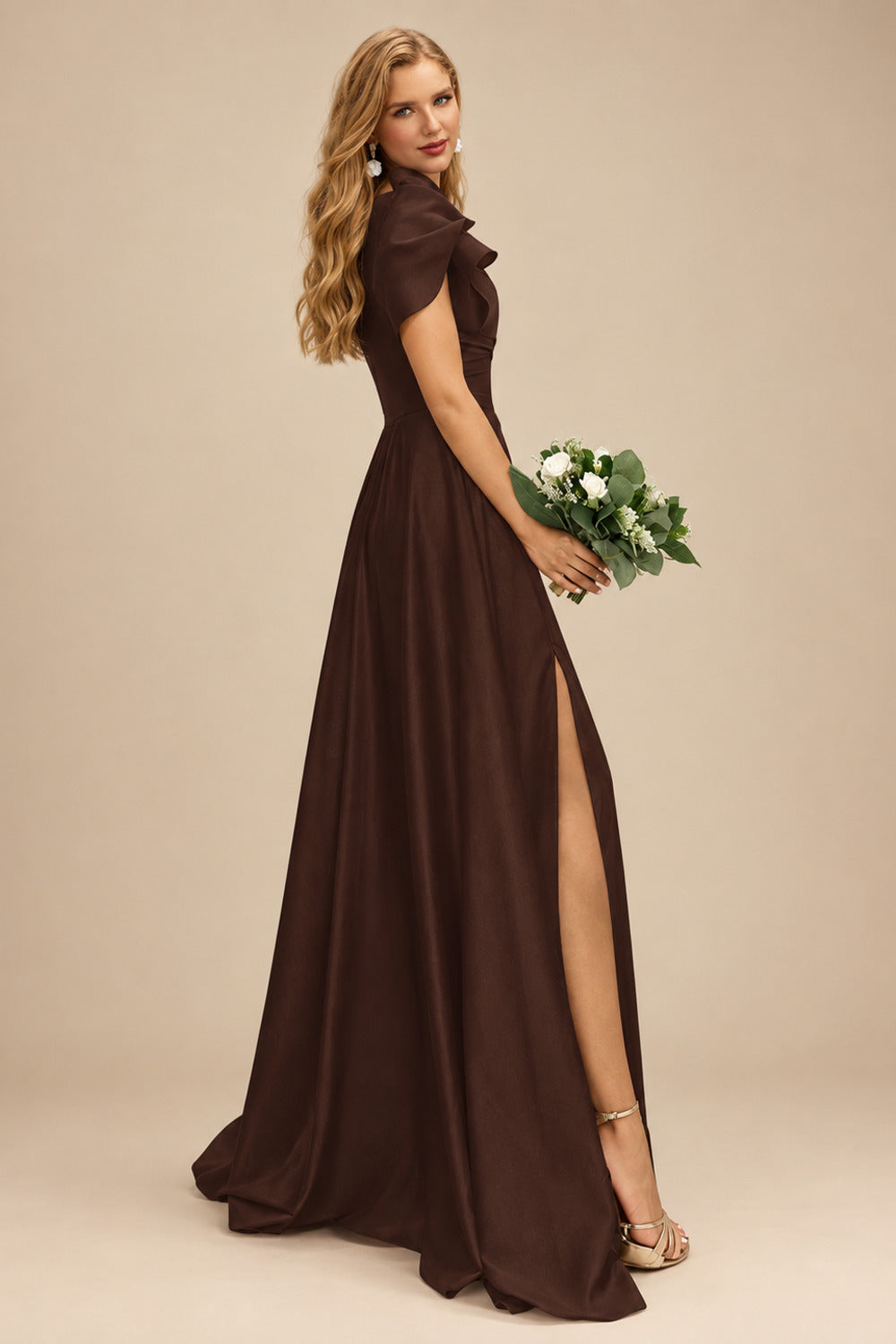 Rutipo Chocolate A-Line One-Shoulder Short Sleeves Sweep Train Satin Bridesmaid Dresses With Ruffle