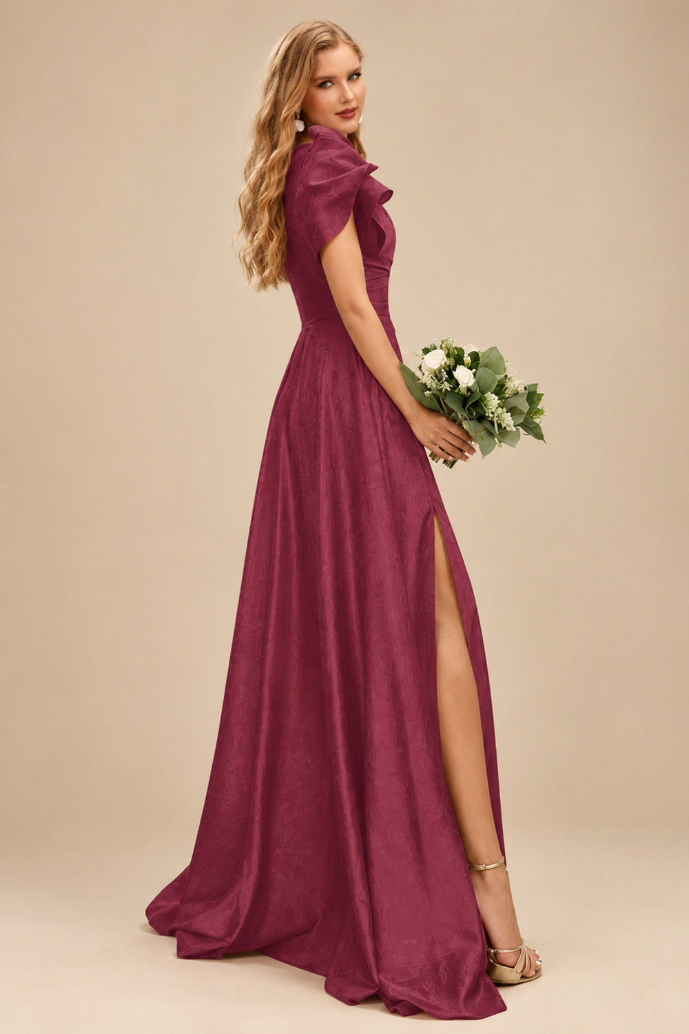Rutipo Mulberry A-Line One-Shoulder Short Sleeves Sweep Train Satin Bridesmaid Dresses With Ruffle