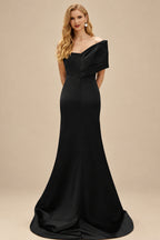 Rutipo Black One-Shoulder Sleeveless Sweep Train Satin Bridesmaid Dresses With Split Front