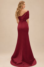 Rutipo Burgundy One-Shoulder Sleeveless Sweep Train Satin Bridesmaid Dresses With Split Front