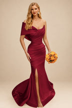 Rutipo Burgundy One-Shoulder Sleeveless Sweep Train Satin Bridesmaid Dresses With Split Front