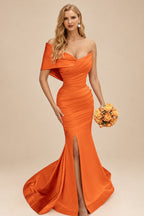 Rutipo Burnt Orange One-Shoulder Sleeveless Sweep Train Satin Bridesmaid Dresses With Split Front