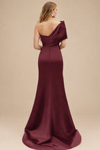 Rutipo Cabernet One-Shoulder Sleeveless Sweep Train Satin Bridesmaid Dresses With Split Front