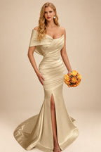 Rutipo Champagne One-Shoulder Sleeveless Sweep Train Satin Bridesmaid Dresses With Split Front