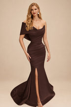 Rutipo Chocolate One-Shoulder Sleeveless Sweep Train Satin Bridesmaid Dresses With Split Front
