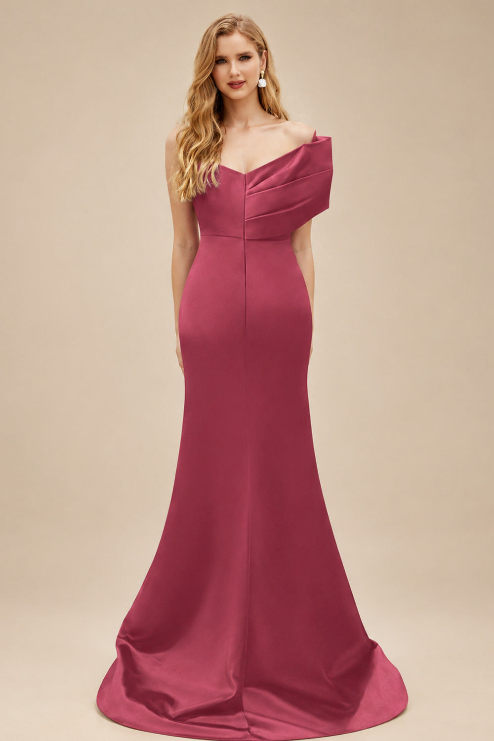 Rutipo Cinnamon Rose One-Shoulder Sleeveless Sweep Train Satin Bridesmaid Dresses With Split Front
