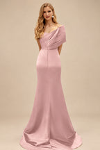 Rutipo Dusty Rose One-Shoulder Sleeveless Sweep Train Satin Bridesmaid Dresses With Split Front