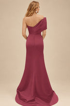 Rutipo Mulberry One-Shoulder Sleeveless Sweep Train Satin Bridesmaid Dresses With Split Front