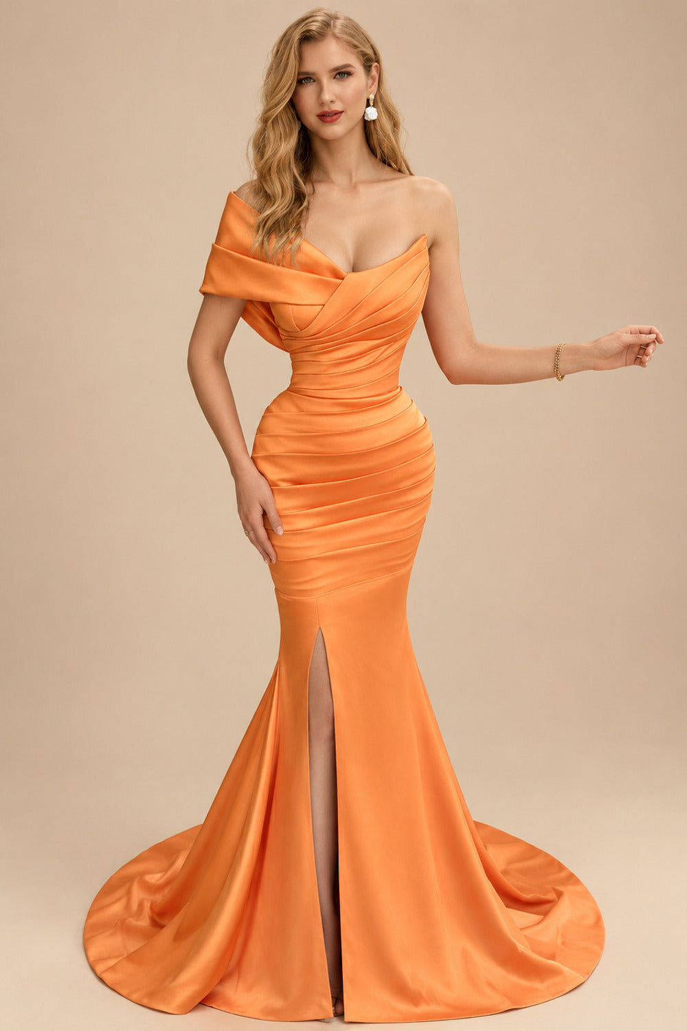 Rutipo Orange One-Shoulder Sleeveless Sweep Train Satin Bridesmaid Dresses With Split Front