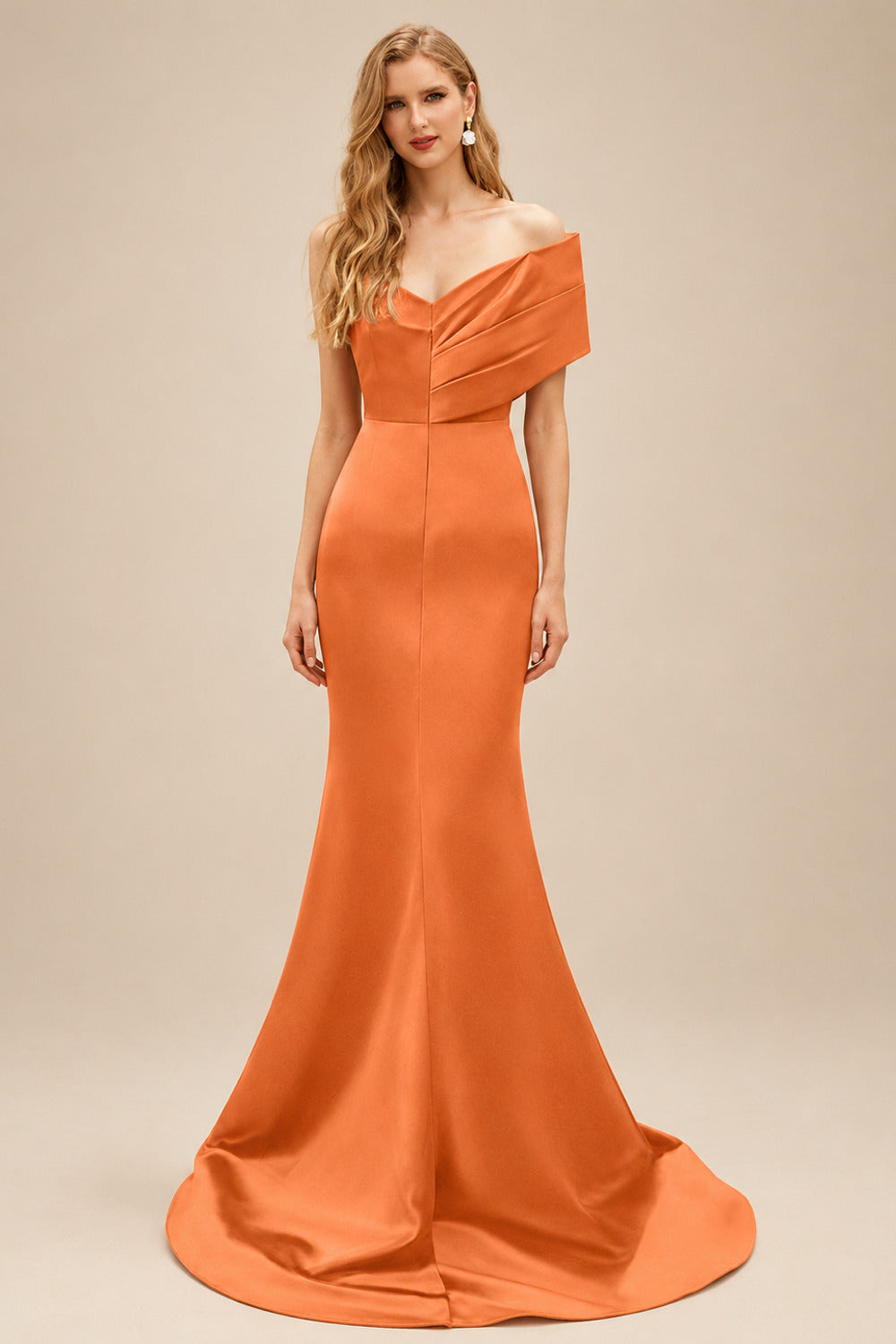 Rutipo Orange One-Shoulder Sleeveless Sweep Train Satin Bridesmaid Dresses With Split Front