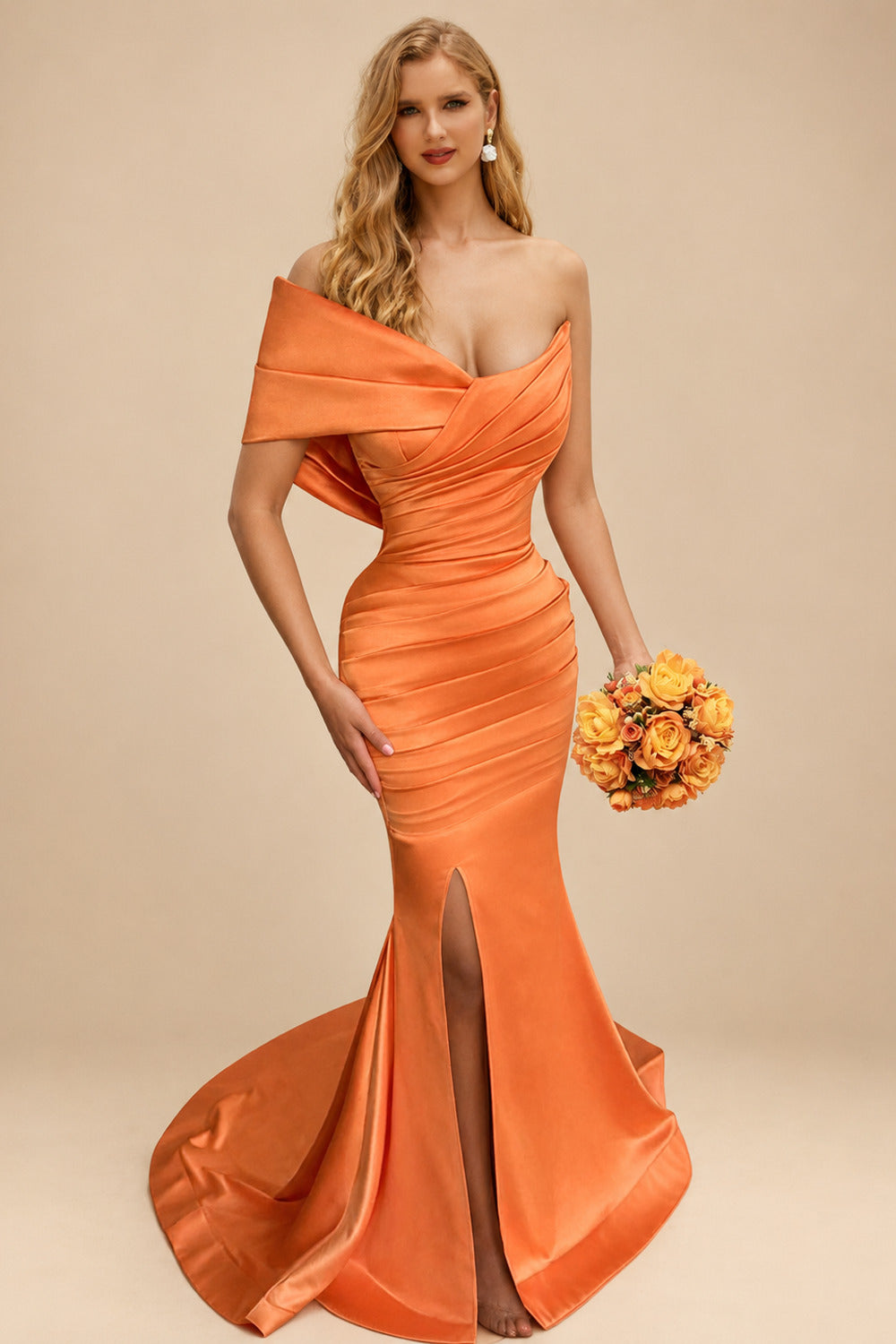 Rutipo Orange One-Shoulder Sleeveless Sweep Train Satin Bridesmaid Dresses With Split Front