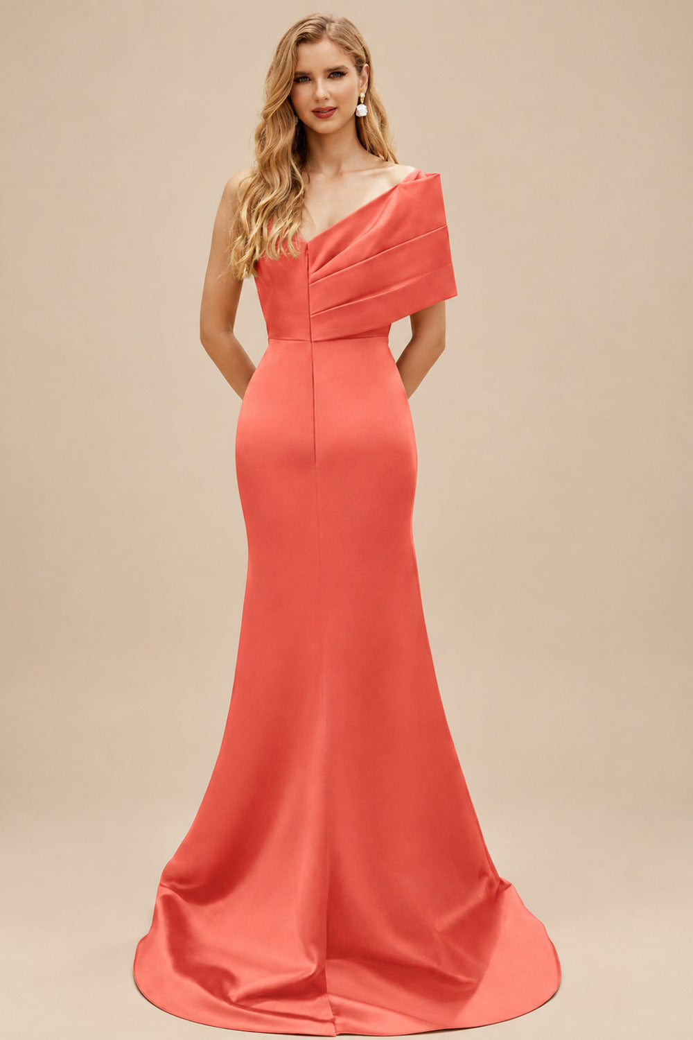 Rutipo Papaya One-Shoulder Sleeveless Sweep Train Satin Bridesmaid Dresses With Split Front