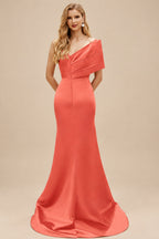 Rutipo Papaya One-Shoulder Sleeveless Sweep Train Satin Bridesmaid Dresses With Split Front