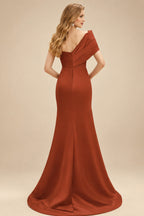 Rutipo Terracotta One-Shoulder Sleeveless Sweep Train Satin Bridesmaid Dresses With Split Front