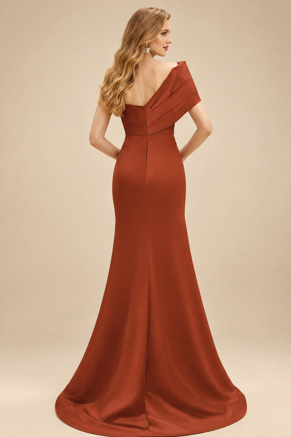 Rutipo Terracotta One-Shoulder Sleeveless Sweep Train Satin Bridesmaid Dresses With Split Front