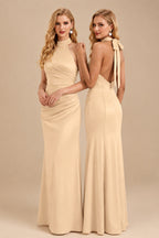 Rutipo Beige Sheath/Column Halter Sleeveless Floor-Length Matte Satin Bridesmaid Dresses
