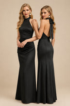 Rutipo Black Sheath/Column Halter Sleeveless Floor-Length Matte Satin Bridesmaid Dresses