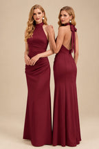 Rutipo Burgundy Sheath/Column Halter Sleeveless Floor-Length Matte Satin Bridesmaid Dresses