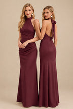 Rutipo Cabernet Sheath/Column Halter Sleeveless Floor-Length Matte Satin Bridesmaid Dresses