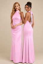 Rutipo Candy Pink Sheath/Column Halter Sleeveless Floor-Length Matte Satin Bridesmaid Dresses