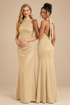 Rutipo Champagne Sheath/Column Halter Sleeveless Floor-Length Matte Satin Bridesmaid Dresses