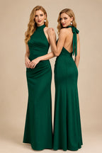 Rutipo Dark Green Sheath/Column Halter Sleeveless Floor-Length Matte Satin Bridesmaid Dresses