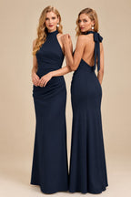 Rutipo Dark Navy Sheath/Column Halter Sleeveless Floor-Length Matte Satin Bridesmaid Dresses