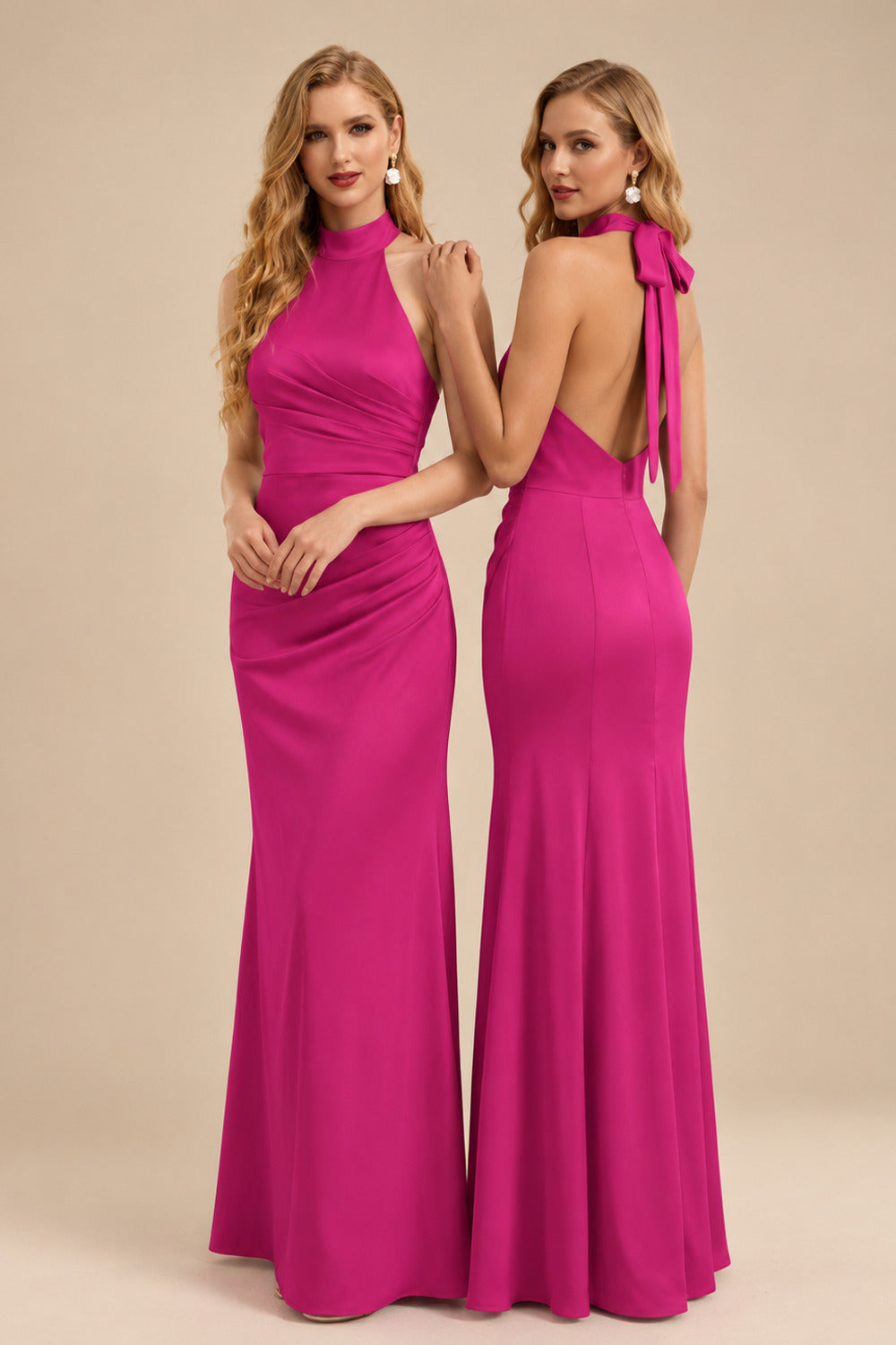 Rutipo Fuchsia Sheath/Column Halter Sleeveless Floor-Length Matte Satin Bridesmaid Dresses