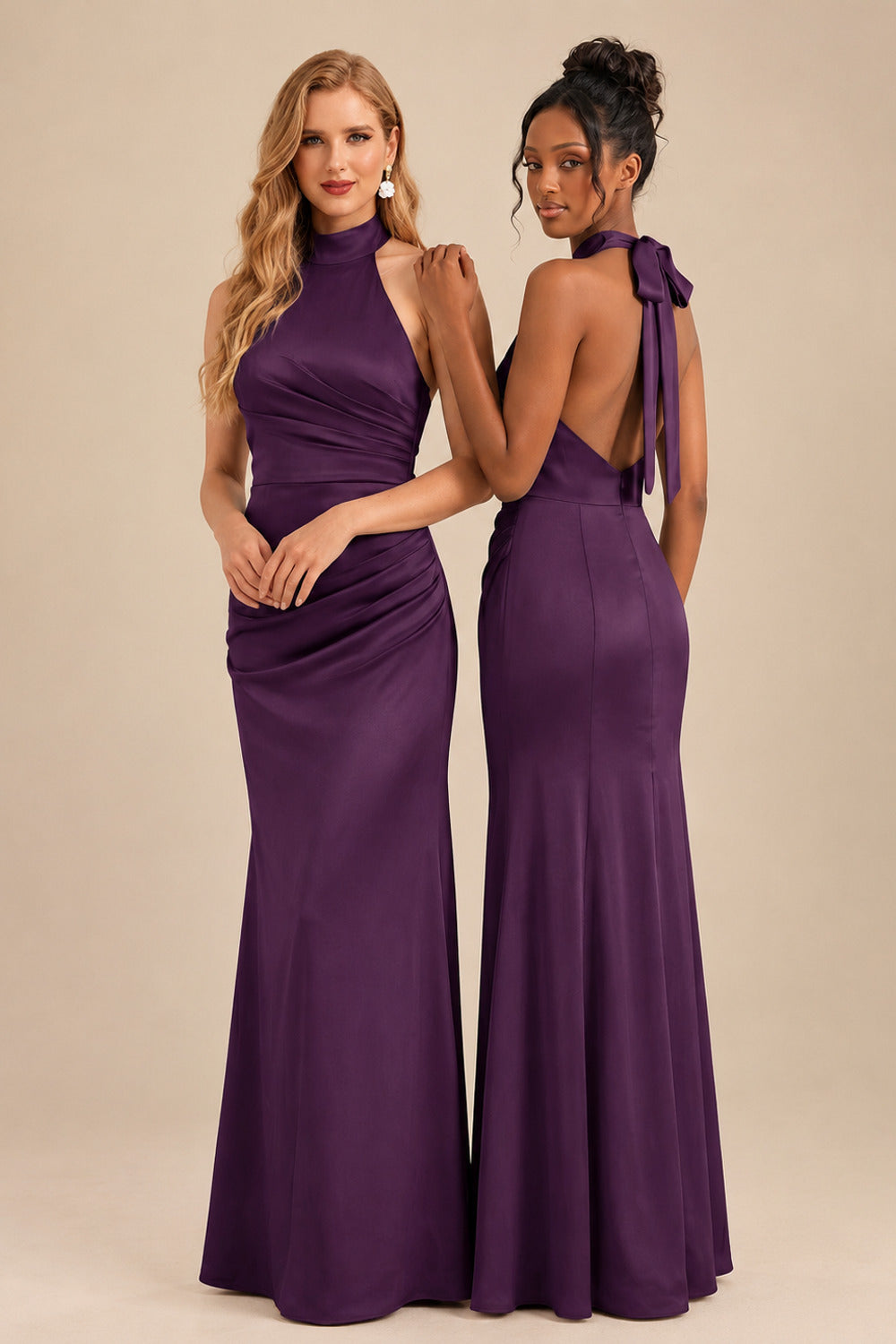 Rutipo Grape Sheath/Column Halter Sleeveless Floor-Length Matte Satin Bridesmaid Dresses
