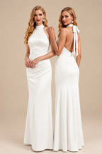 Rutipo Ivory Sheath/Column Halter Sleeveless Floor-Length Matte Satin Bridesmaid Dresses