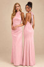 Rutipo Petal Sheath/Column Halter Sleeveless Floor-Length Matte Satin Bridesmaid Dresses