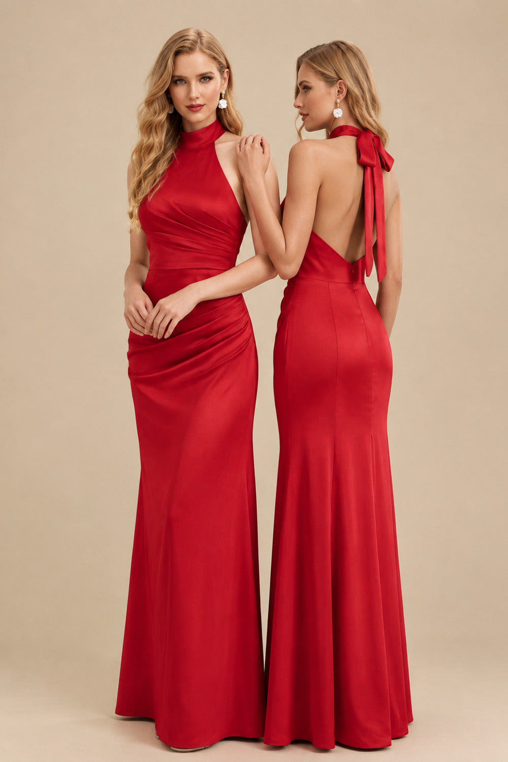 Rutipo Red Sheath/Column Halter Sleeveless Floor-Length Matte Satin Bridesmaid Dresses