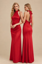 Rutipo Red Sheath/Column Halter Sleeveless Floor-Length Matte Satin Bridesmaid Dresses