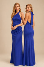 Rutipo Royal Blue Sheath/Column Halter Sleeveless Floor-Length Matte Satin Bridesmaid Dresses