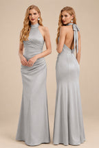 Rutipo Silver Sheath/Column Halter Sleeveless Floor-Length Matte Satin Bridesmaid Dresses