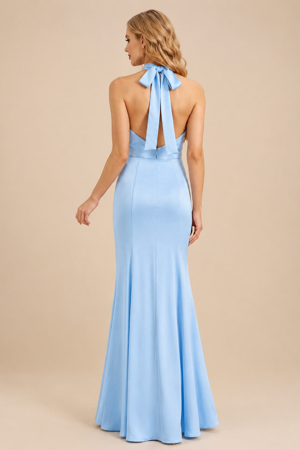 Rutipo Sky Blue Sheath/Column Halter Sleeveless Floor-Length Matte Satin Bridesmaid Dresses