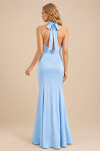 Rutipo Sky Blue Sheath/Column Halter Sleeveless Floor-Length Matte Satin Bridesmaid Dresses