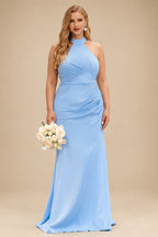 Rutipo Sky Blue Sheath/Column Halter Sleeveless Floor-Length Matte Satin Bridesmaid Dresses