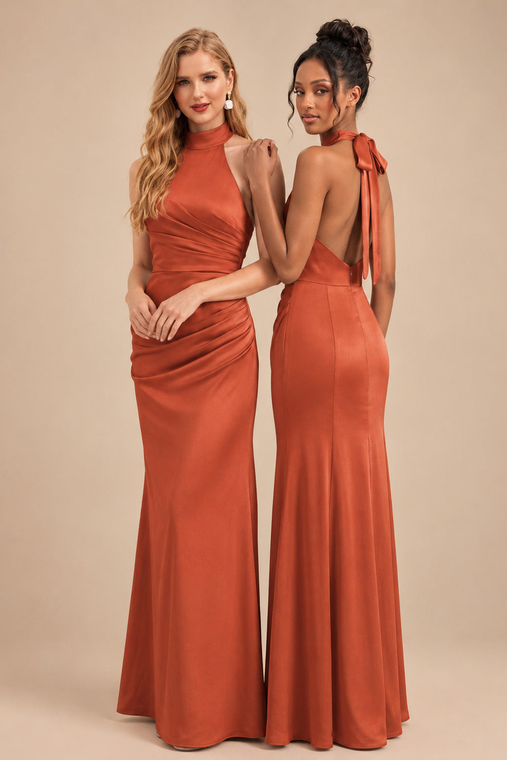 Rutipo Vermilion Sheath/Column Halter Sleeveless Floor-Length Matte Satin Bridesmaid Dresses