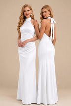 Rutipo White Sheath/Column Halter Sleeveless Floor-Length Matte Satin Bridesmaid Dresses