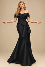 Rutipo Black Trumpet/Mermaid Off-The-Shoulder Sleeveless Sweep Train Satin Bridesmaid Dresses